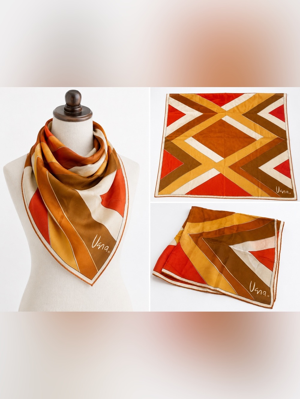 Vintage Vera Neumann Geometric Square Scarf Brown Orange Red